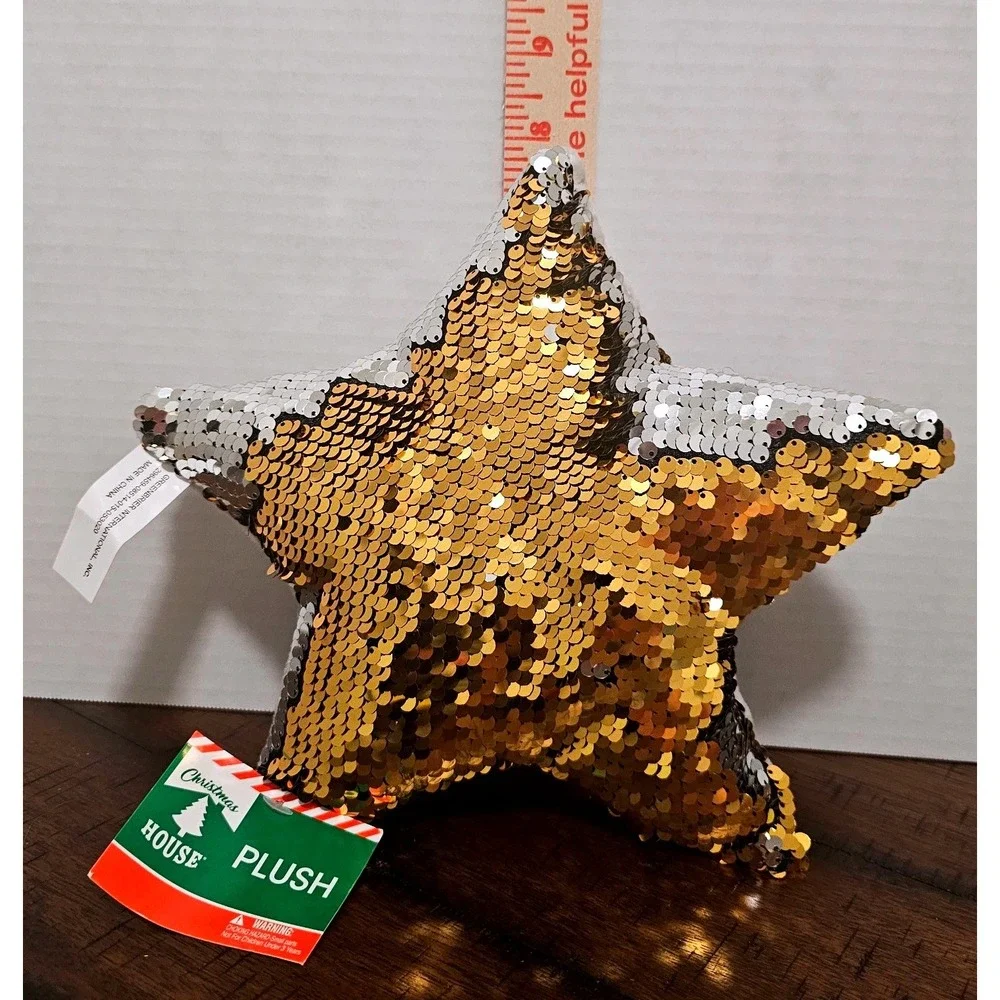 Christmas House Flip Sequin Plush Set Tree and Star Green Gold Silver New